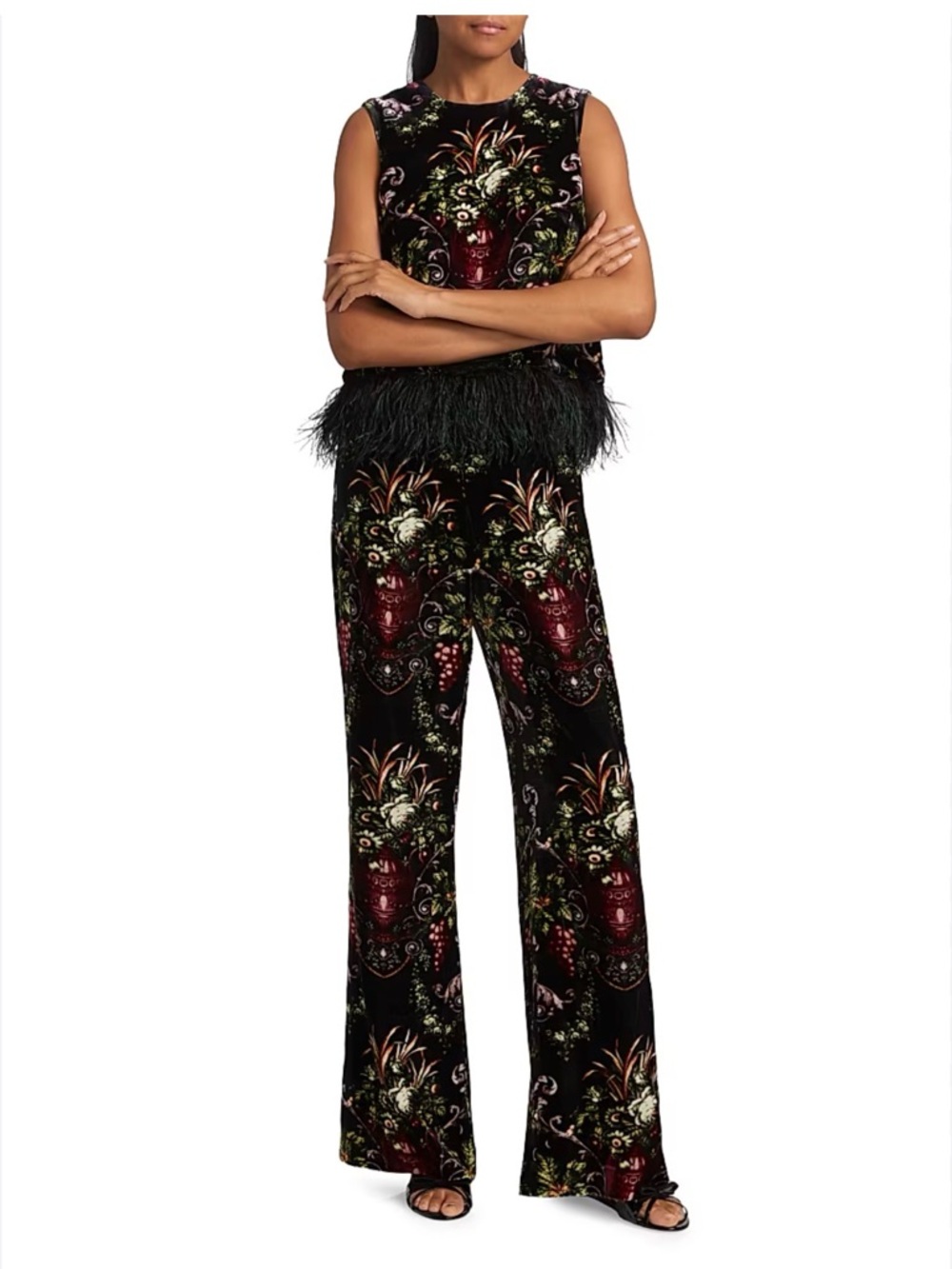Cara Cara Black Floral Velvet Feather-Trim Jumpsuit